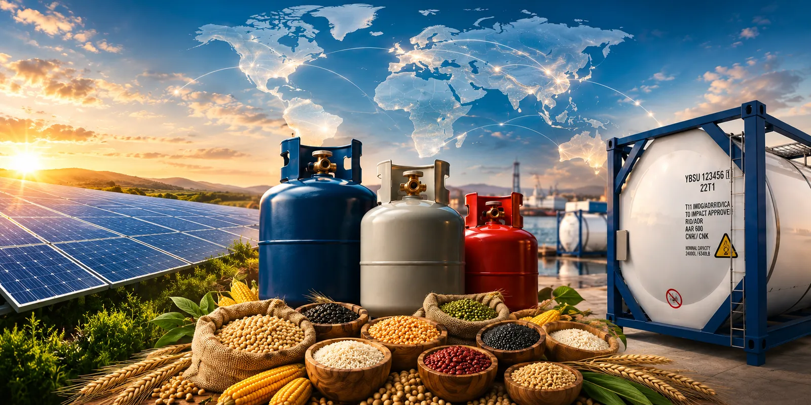 Your Best Solution banner: solar energy solutions, food ingredients and grains, and ISO tank T11 solutions